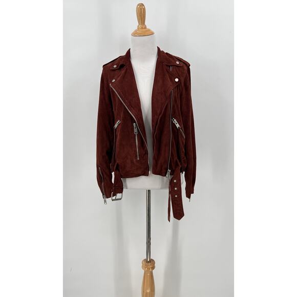 ALLSAINTS Plait Balfern Suede Biker Jacket Womens 6 Burgundy Maroon Moto Zip - Picture 3 of 16
